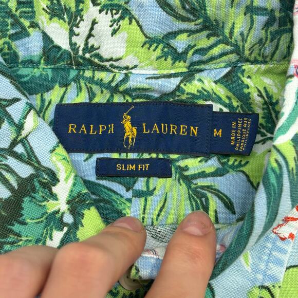 Ralph Lauren Green Blue Mens M Slim Fit Short Sleeve Button Down Hawaiian Shirt - Picture 4 of 10